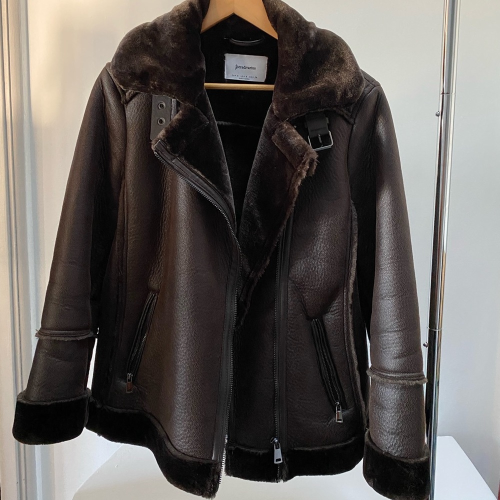 Stradavarius Faux Leather Aviator Shearling Jacket